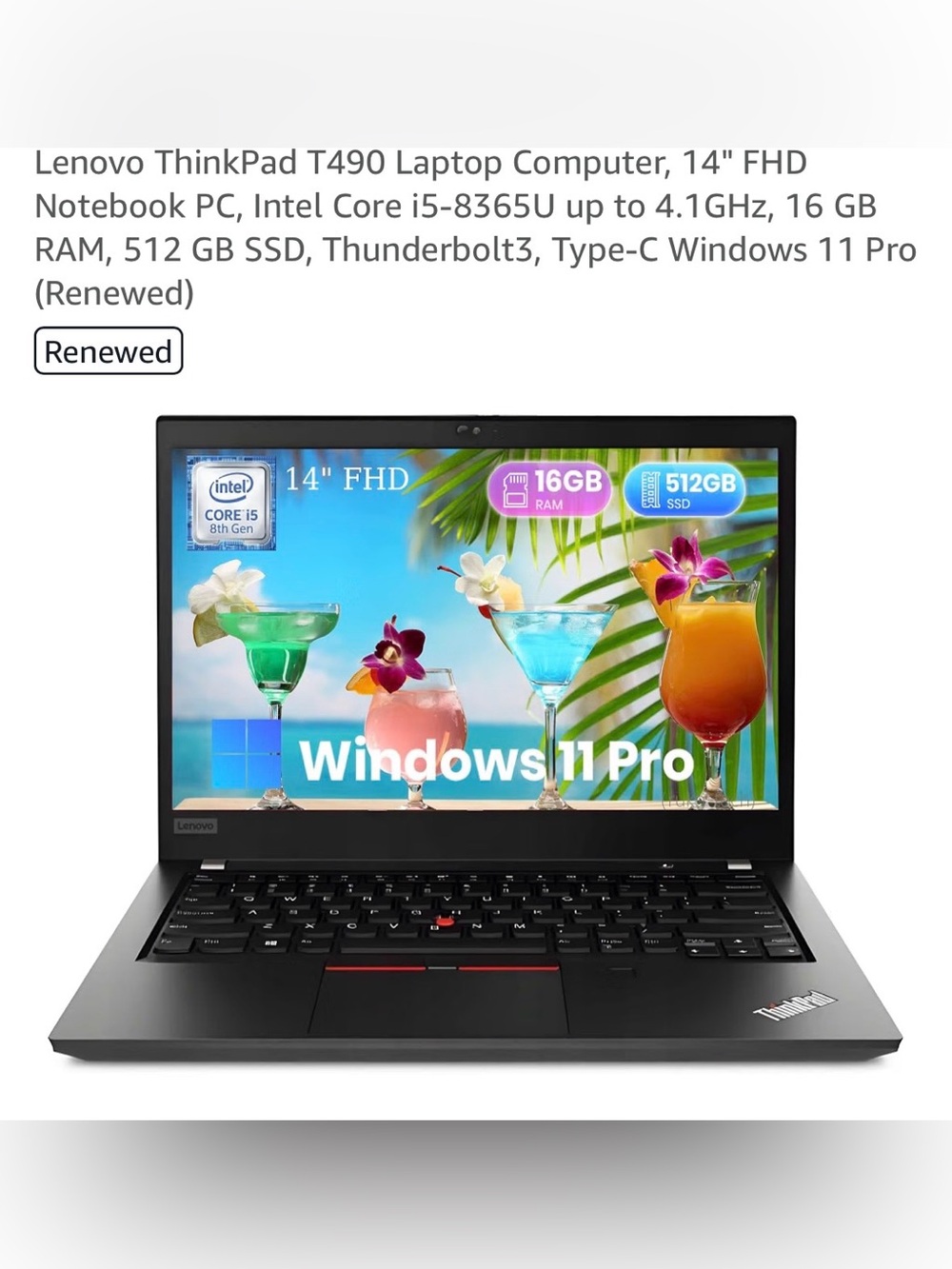 Lenovo Black ThinkPad T490 Laptop - Windows 11 Pro Display